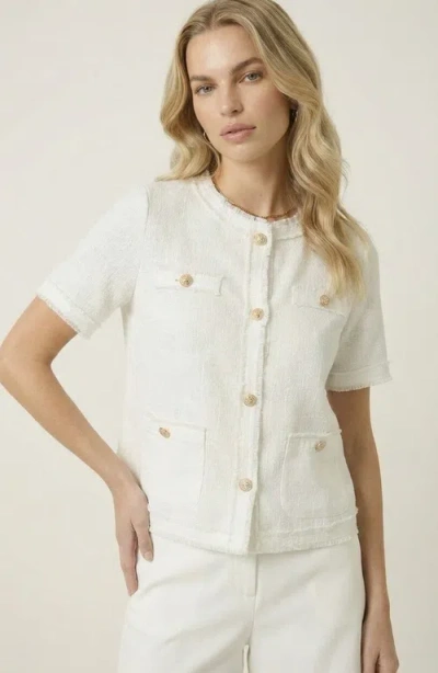 Modenaire Textured Short Sleeve Frayed Trim Jacket In White