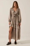Modenaire Textured Stripe Maxi Dress With V-neck Flounce Ruffle, Bubble Sleeves And Side Slit In Gray