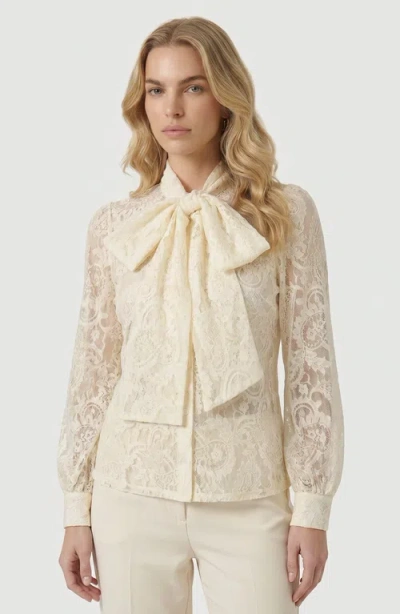 Modenaire Tie Neck Sheer Long Sleeve Lace Blouse In Neutral