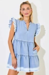 Modenaire Tiered Denim Mini Dress With Ruffle Sleeves And Frayed Hem In Blue