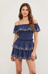 Modenaire Tiered Eyelet Embroidered Ruffle Shorts With Smocked Waist In Navy Blue