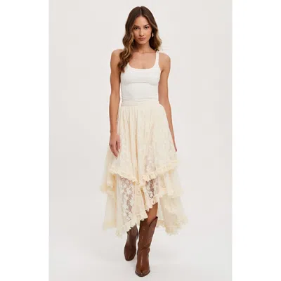 Modenaire Tiered Lace Asymmetrical Skirt With Handkerchief Hem And Lined Detail In Neutral