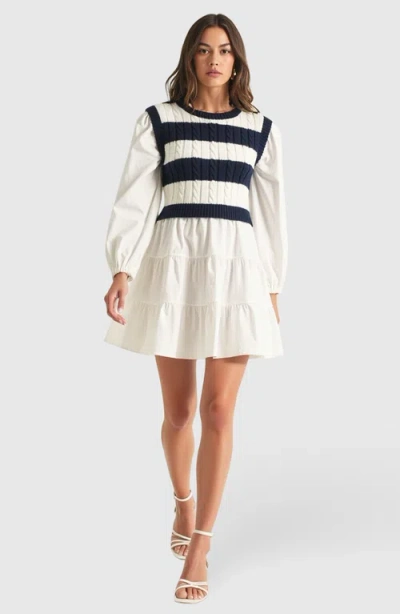 Modenaire Tiered Long Sleeve Mini Dress With Striped Knit Sweater Overlay In White