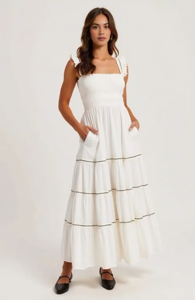 Modenaire Tiered Maxi Dress With Smocked Bodice In White