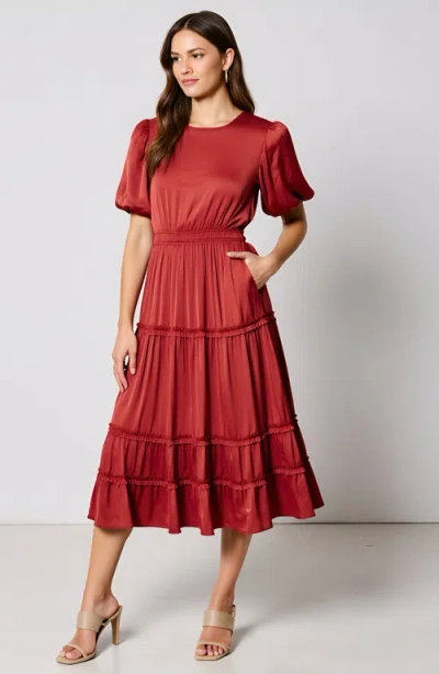 Modenaire Tiered Midi Dress With Puff Sleeves And Shirred Elastic Waistband In Red