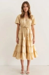 Modenaire Tiered Midi Dress With Puff Sleeves And Tie Waist In Yellow