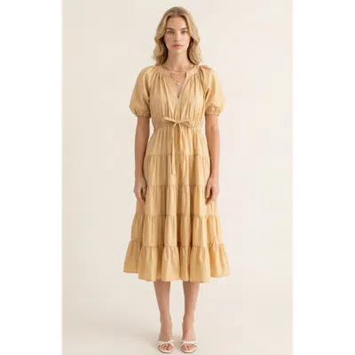 Modenaire Tiered Puff Sleeve Tie Waist Midi Dress In Brown