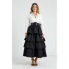 Modenaire Tiered Ruffle Midi Skirt With Wide Belt And Layered Hem In Black