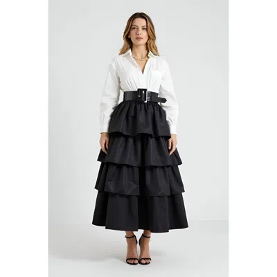 Modenaire Tiered Ruffle Midi Skirt With Wide Belt And Layered Hem In Black