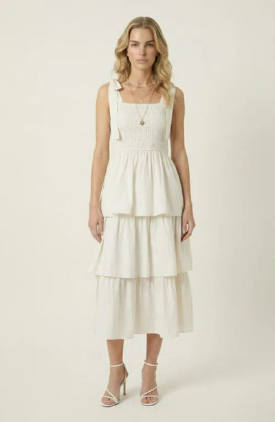 Modenaire Tiered Smocked Bow-tie Strap Midi Dress In White