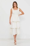 Modenaire Tiered Smocked Midi Dress With Bow-tie Shoulder Straps In White