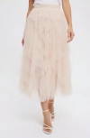 Modenaire Tiered Tulle Midi Skirt With Layered Ruffle Detail And Elastic Waistband In Neutral