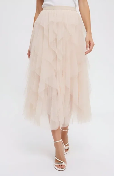 Modenaire Tiered Tulle Midi Skirt With Layered Ruffle Detail And Elastic Waistband In Neutral