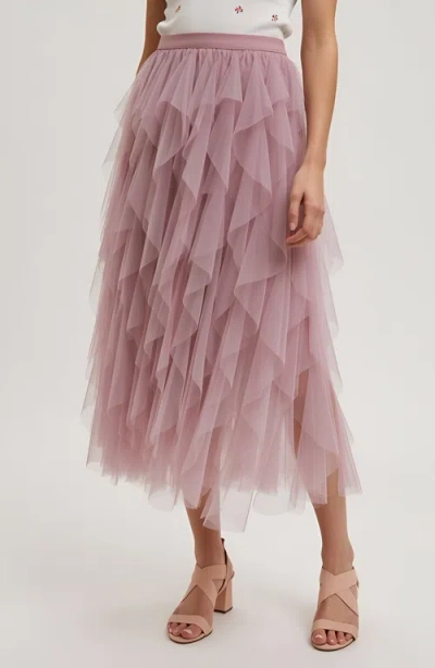 Modenaire Tiered Tulle Midi Skirt With Layered Ruffle Detail And Elastic Waistband In Pink