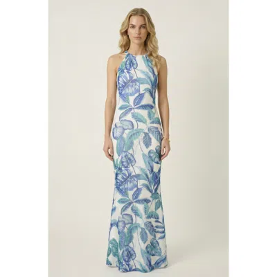 Modenaire Tropical Print Halter Neck Maxi Dress In Blue