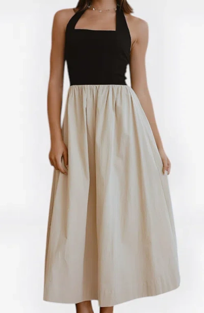 Modenaire Two-tone Halter Maxi Dress With Fitted Bodice And Gathered Skirt In Neutral