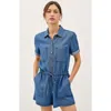 Modenaire Utility Button-up Denim Romper With Pockets And Drawstring Waist