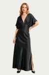 Modenaire V-neck Maxi Dress With Gathered Empire Waist And Flutter Sleeves In Black