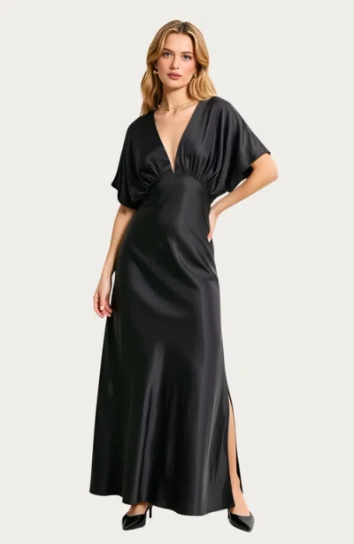 Modenaire V-neck Maxi Dress With Gathered Empire Waist And Flutter Sleeves In Black