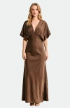 Modenaire V-neck Maxi Dress With Gathered Empire Waist And Flutter Sleeves In Brown