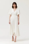 Modenaire V-neck Midi Dress With Flutter Sleeves And Handkerchief Hem In White