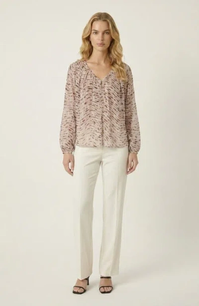 Modenaire V Neck Patterned Lightweight Long Sleeve Blouse In Brown