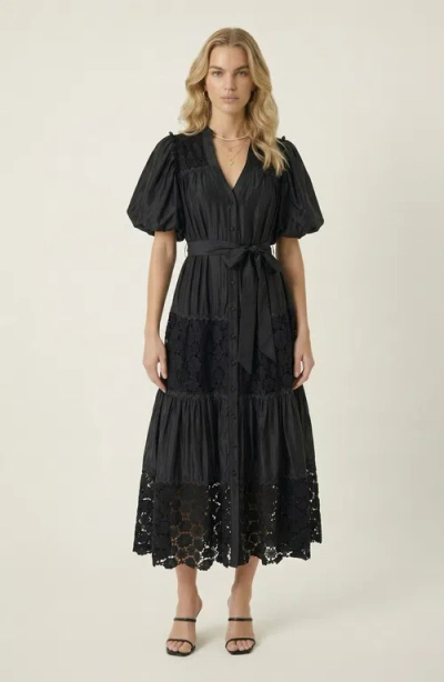 Modenaire V-neck Lace Paneling Midi Dress In Black
