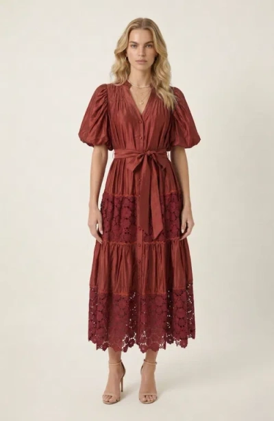 Modenaire V-neck Lace Paneling Midi Dress In Red