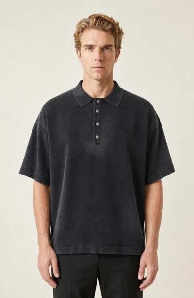 Modenaire Washed Short Sleeve Snap Button Polo Shirt In Black