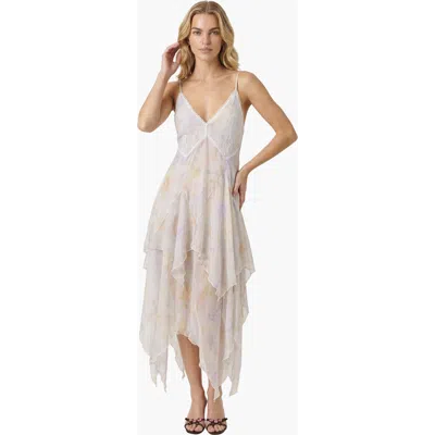 Modenaire Watercolor Floral Lace Trim Handkerchief Midi Dress In Gray