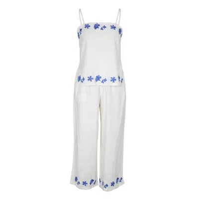 Modenaire White Floral Embroidered Two-piece Set With Camisole And Wide-leg Pants In Multi