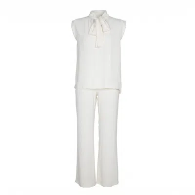 Modenaire White Sleeveless Tie Neck Blouse And Wide Leg Pant Set
