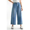 Modenaire Wide Leg Cropped Denim Pants With High Waist And Cuffed Hem In Blue