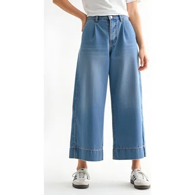 Modenaire Wide Leg Cropped Denim Pants With High Waist And Cuffed Hem In Blue
