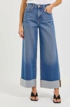 Modenaire Wide-leg Cuffed Jeans With Contrast Raw Hem In Faded Blue