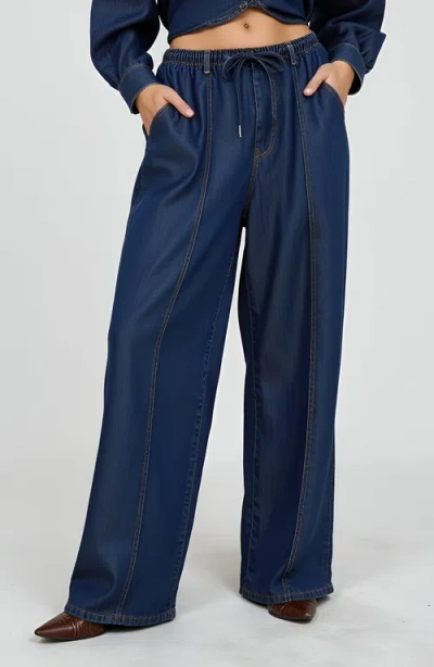Modenaire Wide-leg Denim Pants With Elastic Drawstring Waist And Seam Detailing In Blue