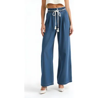 Modenaire Wide Leg Denim Pants With Tassel Drawstring Waist And Pleat Detail In Blue