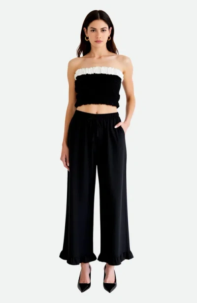 Modenaire Wide Leg Drawstring Pants With Ruffle Hem In Black