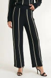 Modenaire Wide Leg Knit Pants With Contrasting Vertical Stripe And Ribbed Waistband In Black