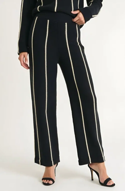 Modenaire Wide Leg Knit Pants With Contrasting Vertical Stripe And Ribbed Waistband In Black