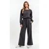 Modenaire Wide Leg Long Sleeve Crewneck Knit Jumpsuit With Drawstring Waist In Gray