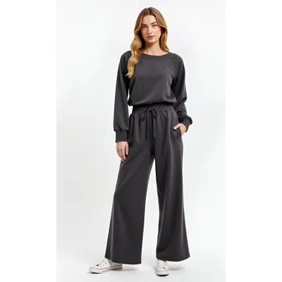 Modenaire Wide Leg Long Sleeve Crewneck Knit Jumpsuit With Drawstring Waist In Gray