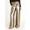 Modenaire Wide Leg Satin Pants With Elastic Waist And Flowing Full-length Fit In Gold