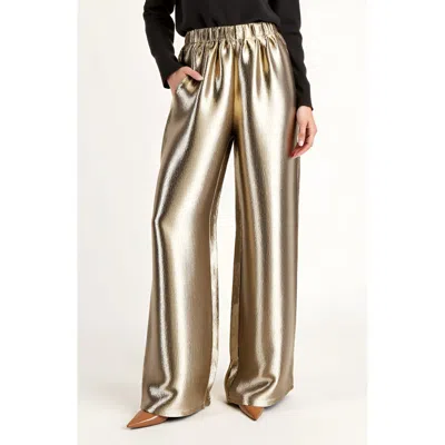 Modenaire Wide Leg Satin Pants With Elastic Waist And Flowing Full-length Fit In Gold