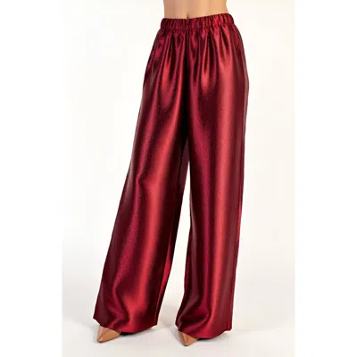 Modenaire Wide Leg Satin Pants With Elastic Waist And Flowing Full-length Fit In Red
