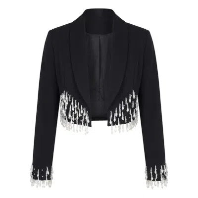 Modenaire Women's Black Beaded Cropped Blazer With Shawl Collar