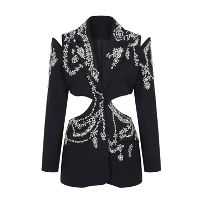 Modenaire Women's Black Crystal Embellished Blazer With Sculpted Cutouts