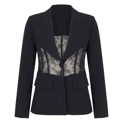 Modenaire Women's Black Lace Panel Blazer Sculpted Form