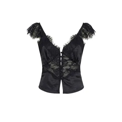 Modenaire Women's Black Lace Trim Satin Corset Top With Flutter Sleeves