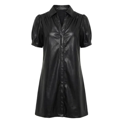 Modenaire Women's Black Leather Effect Shirt Dress Sculpted Sleeve